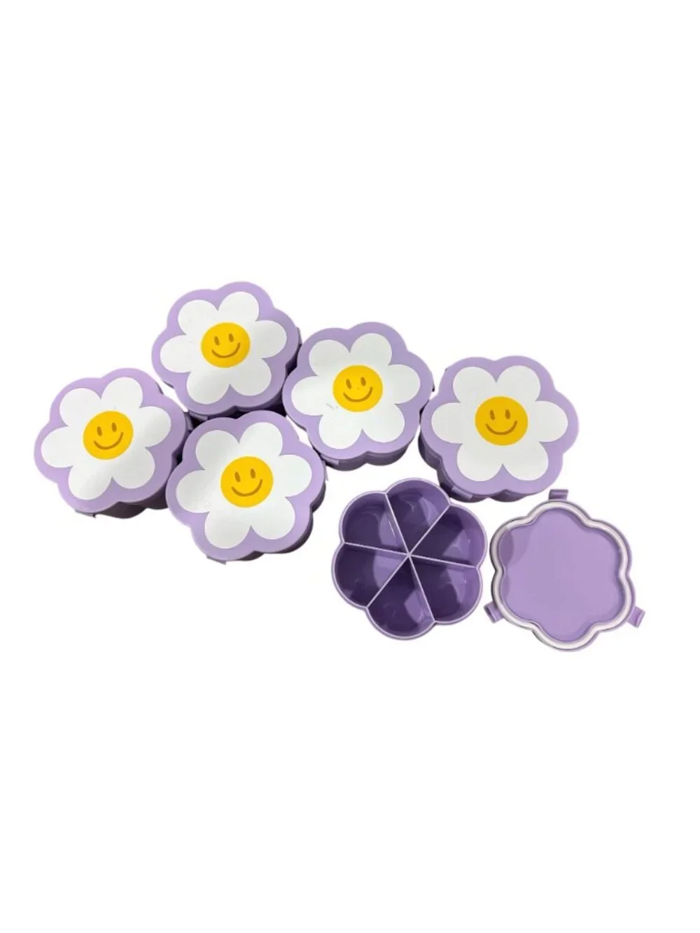 Set Of 6 Purple Flower Smiley Face Bento Boxes With Compartments